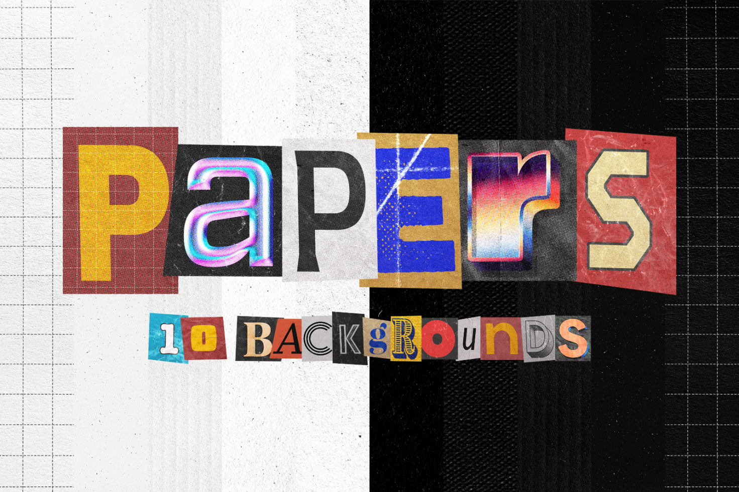 Papers 10 Backgrounds digital mockup; collage of various textured paper letters and colors; ideal for graphic designers; for use in templates and design projects.