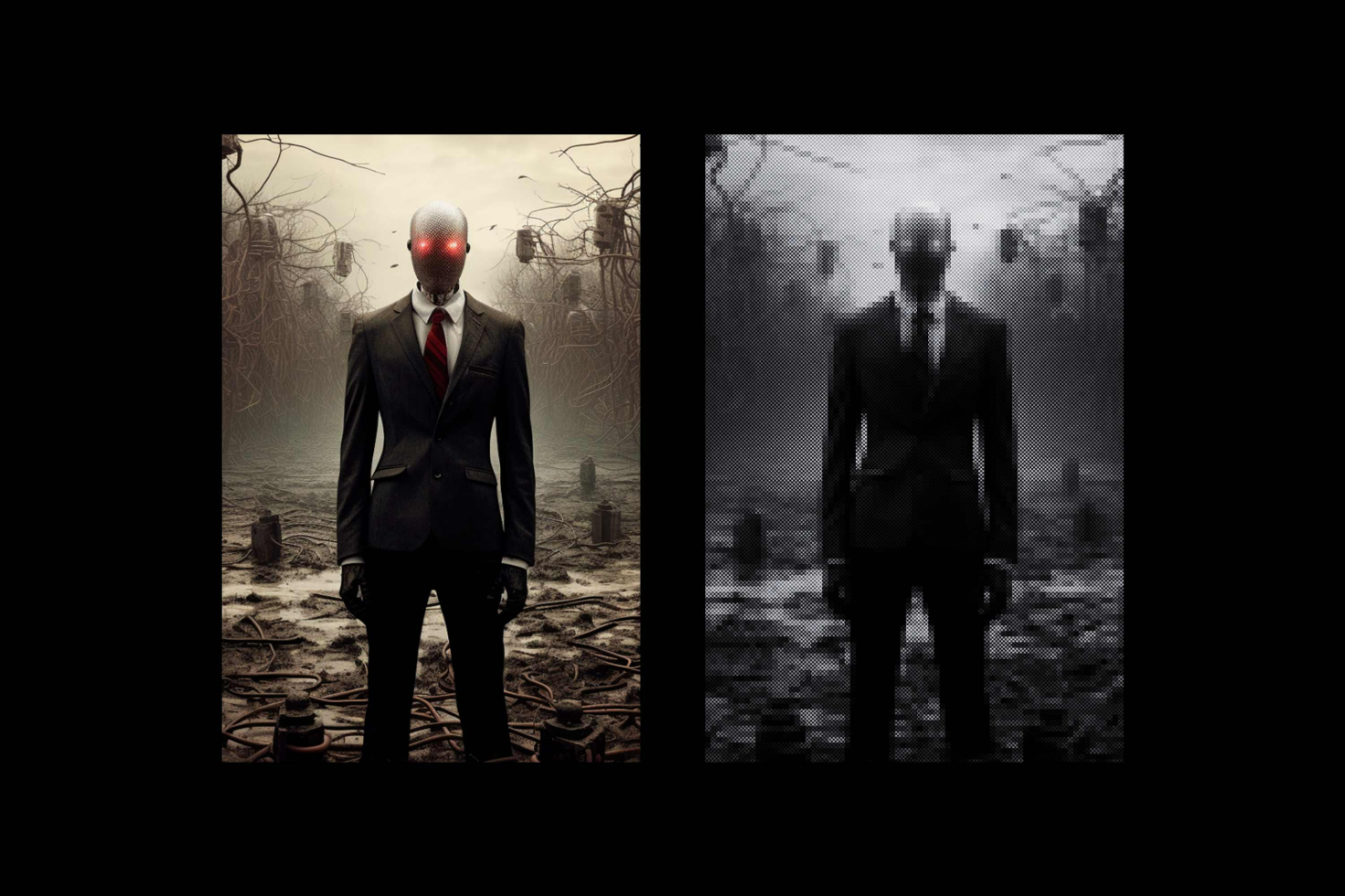 Creepy robot in suit with red glowing eyes in eerie forest environment image comparison digital asset for graphic designers horror themed mockup SEO