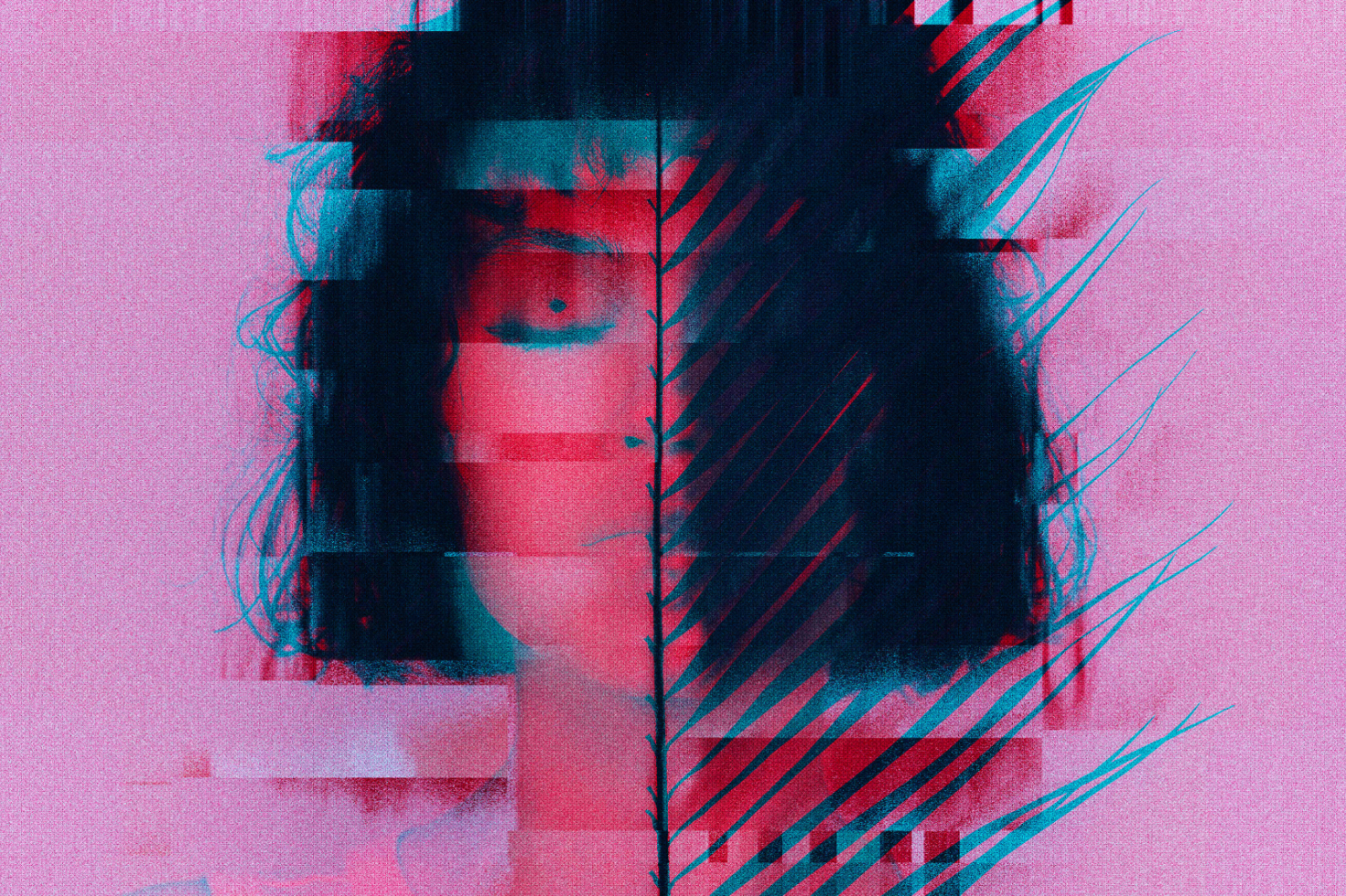 Glitch art graphic showing a fragmented female face with a dark overlay on a pink background. Suitable for digital assets, designers, and visual projects.