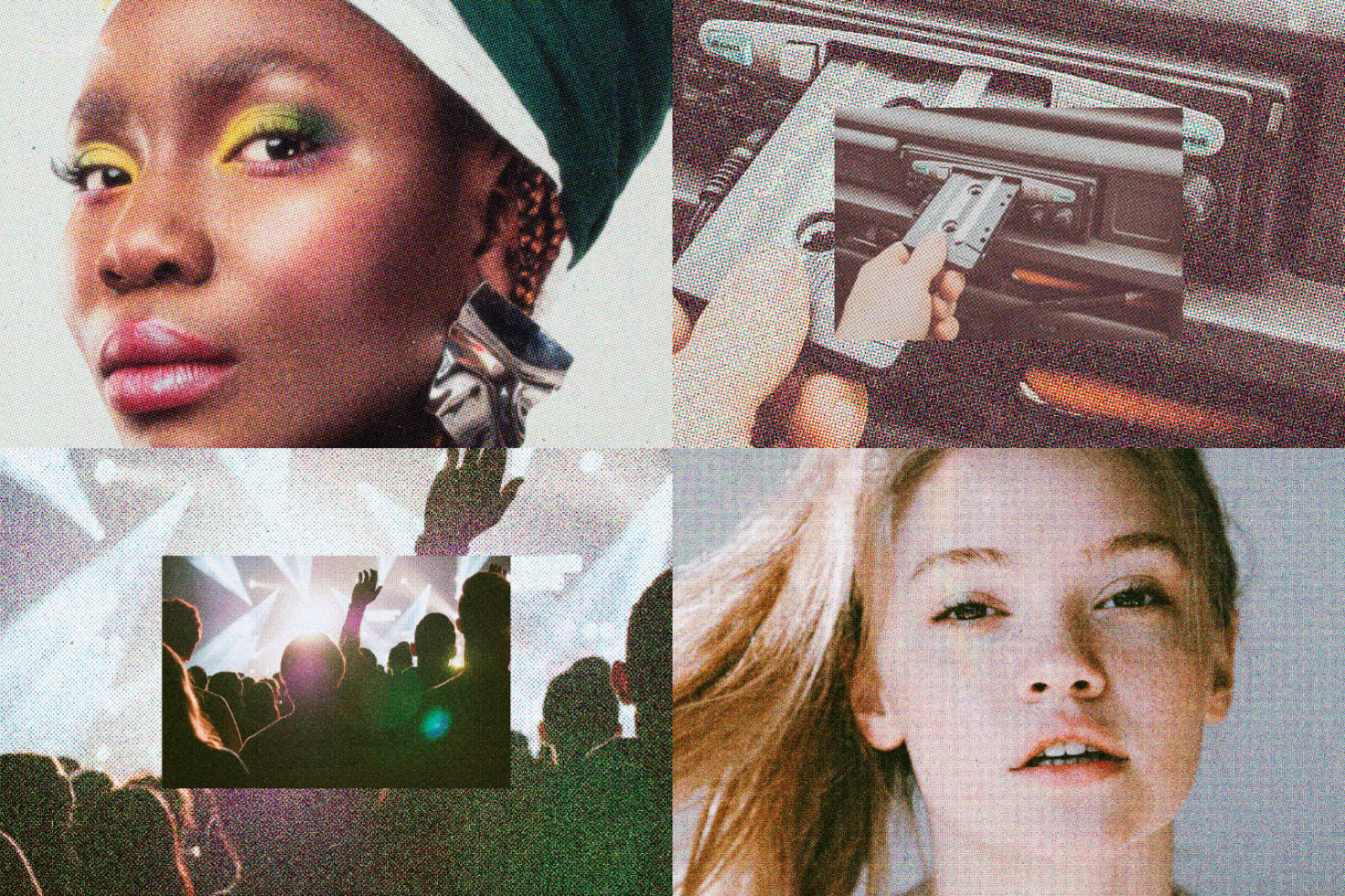 Colorful collage with four sections showing a woman, a cassette tape, a concert crowd, and another woman. Digital asset for graphic designers. Mockups and graphics.