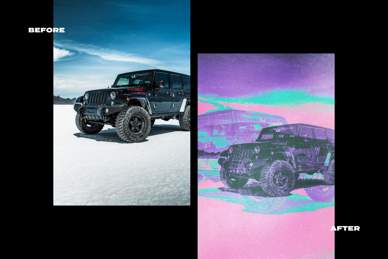 Before and after image showcasing a photo of an off-road vehicle edited with vibrant glitch effects. Ideal for designers working on graphics or templates.