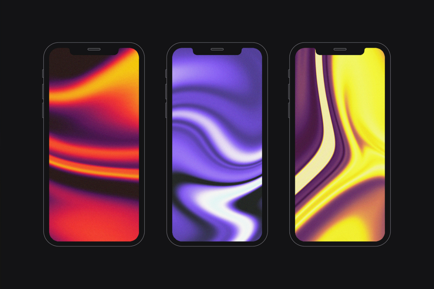 Three smartphone screen mockups with vibrant abstract designs in red, purple, and yellow. Ideal for showcasing app UI or wallpapers. Digital assets for designers.