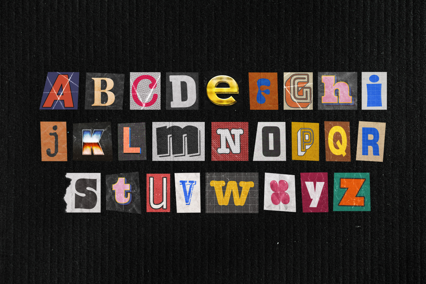 Colorful typeface design featuring stylized alphabet letters on a black textured background suitable for graphic designers mockups templates typography assets.