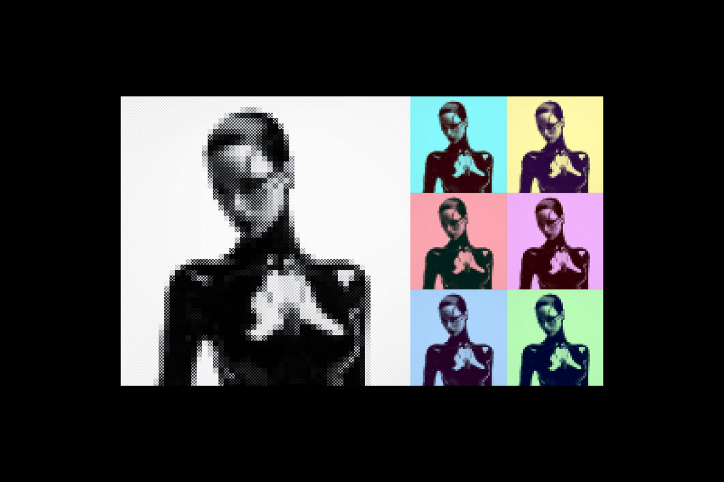 Pixelated humanoid figure collage in various pop art color schemes suitable for graphic design projects digital asset for designers modern art template creative graphics