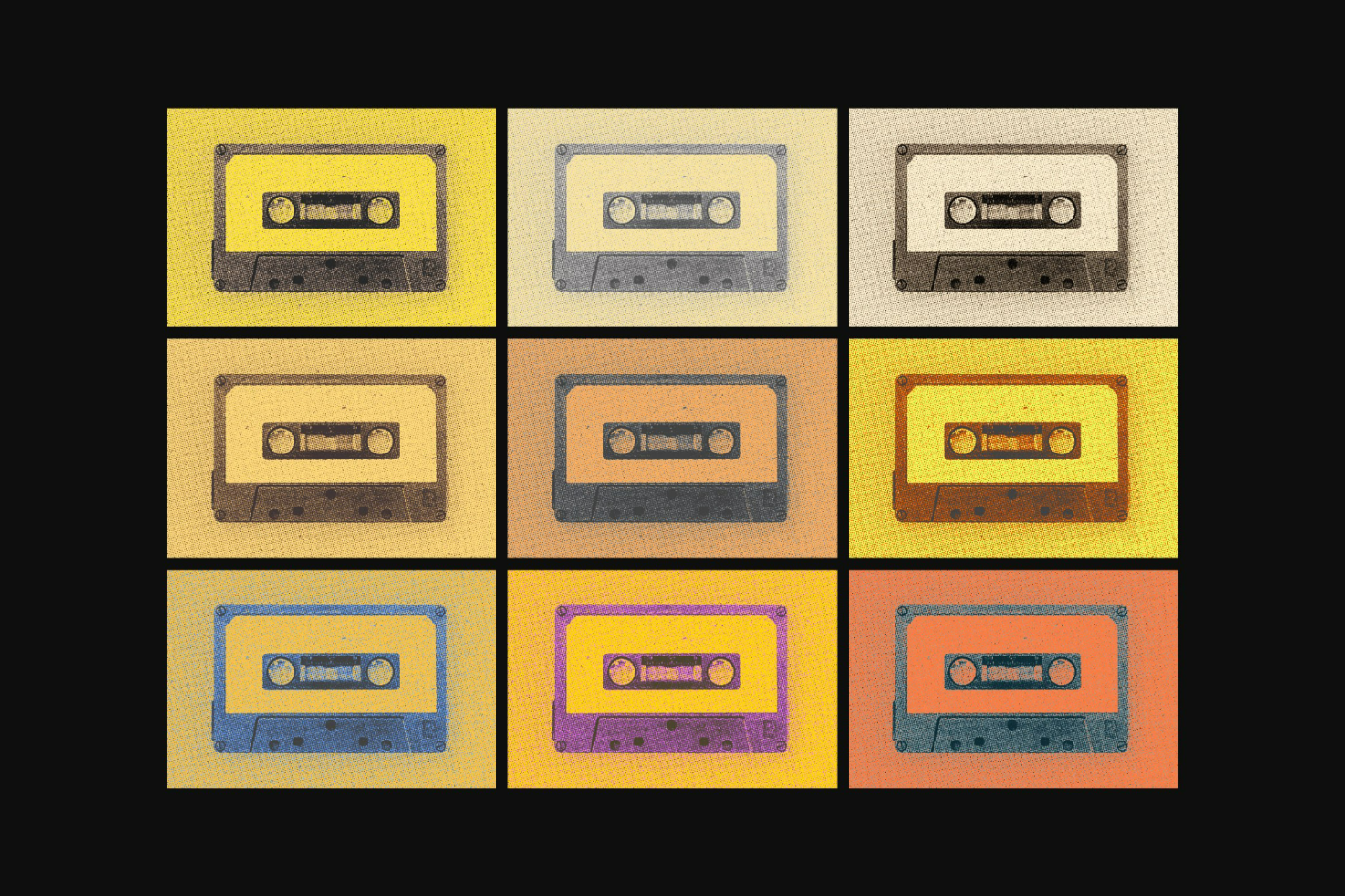 Retro cassette tape pop art graphic in nine vibrant colors. Perfect for graphic design, templates, mockups, and digital assets. SEO keywords: designer, pop art.