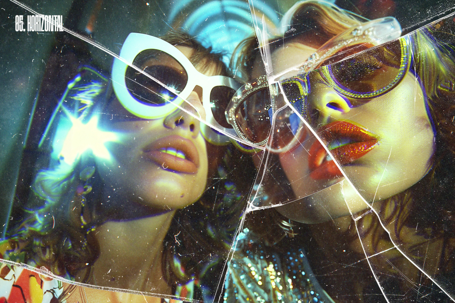 Fashionable women in large sunglasses reflecting neon lights with a cracked glass effect, perfect for creative graphics, mockups, and digital design assets