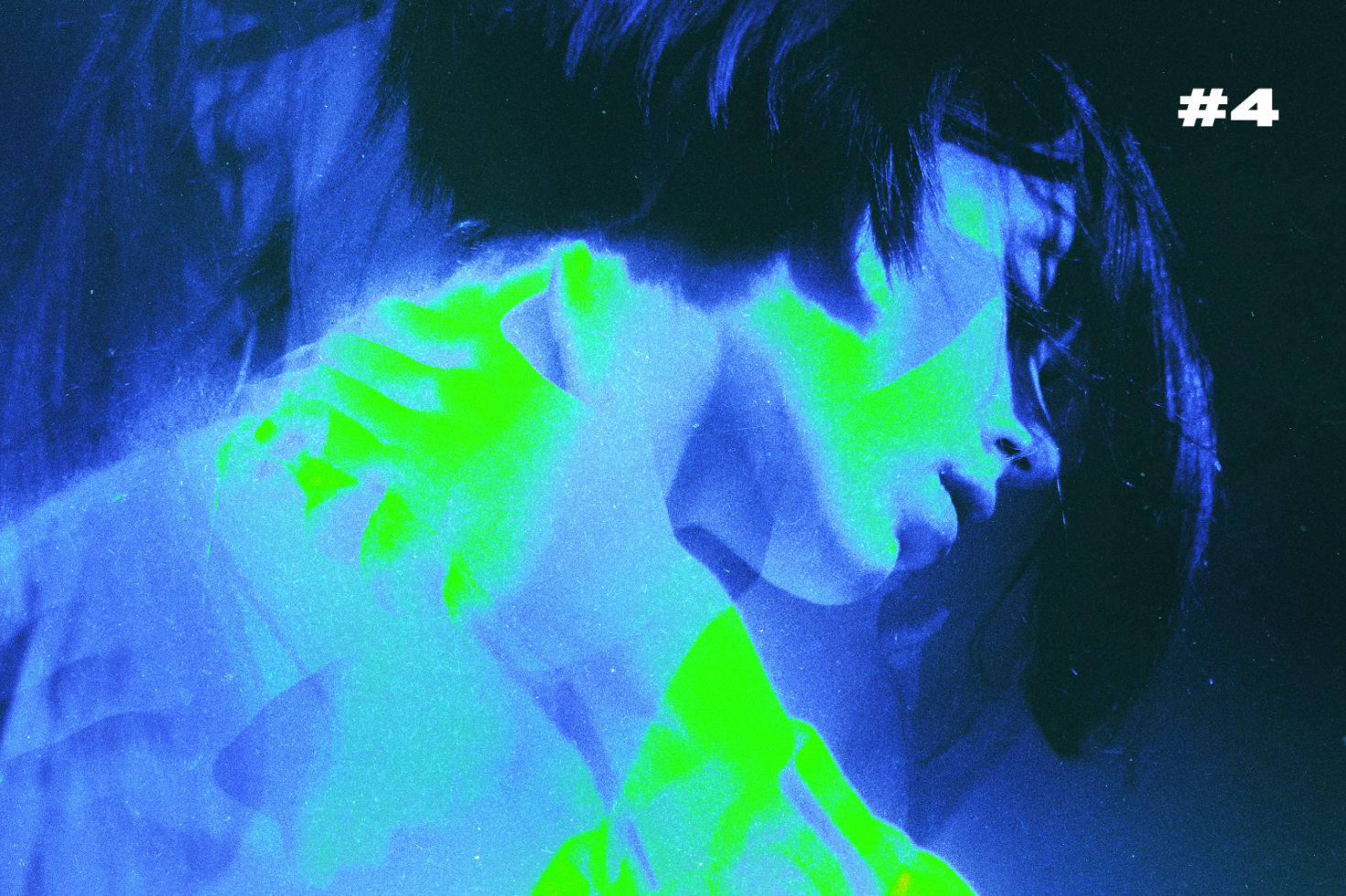 Double exposure neon effect image with a young woman in shades of blue and green ideal for vibrant graphic design projects and creative digital assets.