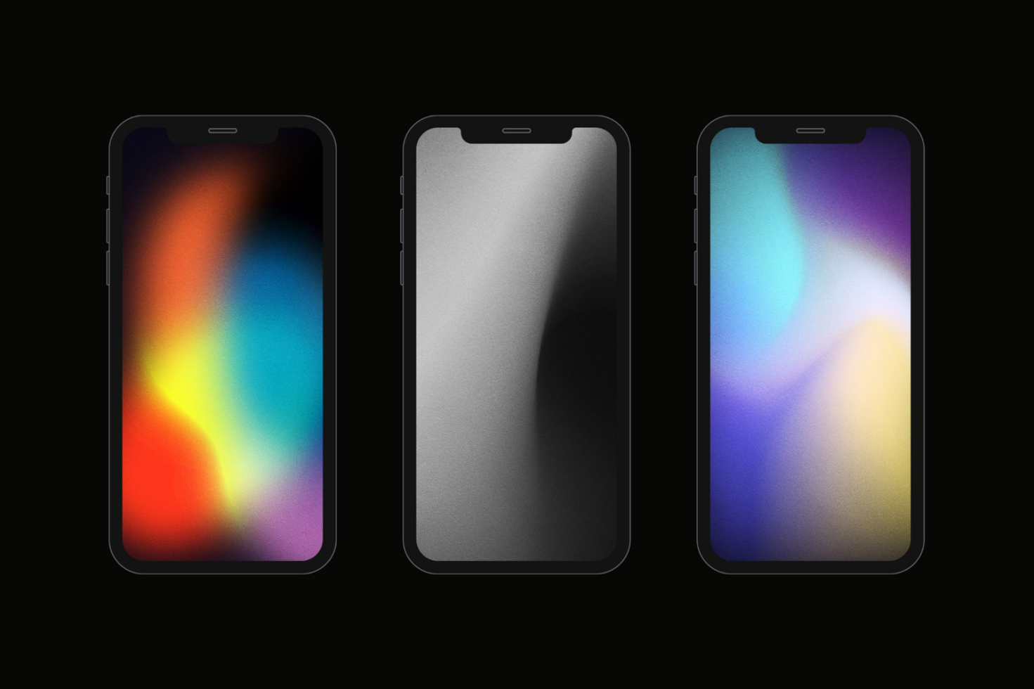 Three smartphone mockups with colorful abstract backgrounds against a black backdrop, ideal for designers seeking modern and sleek digital assets.