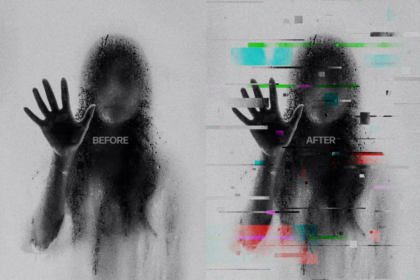 Before and after mockup of a person with hand on glass featuring glitchy distorted digital effect perfect for designers showcasing photo manipulation templates.