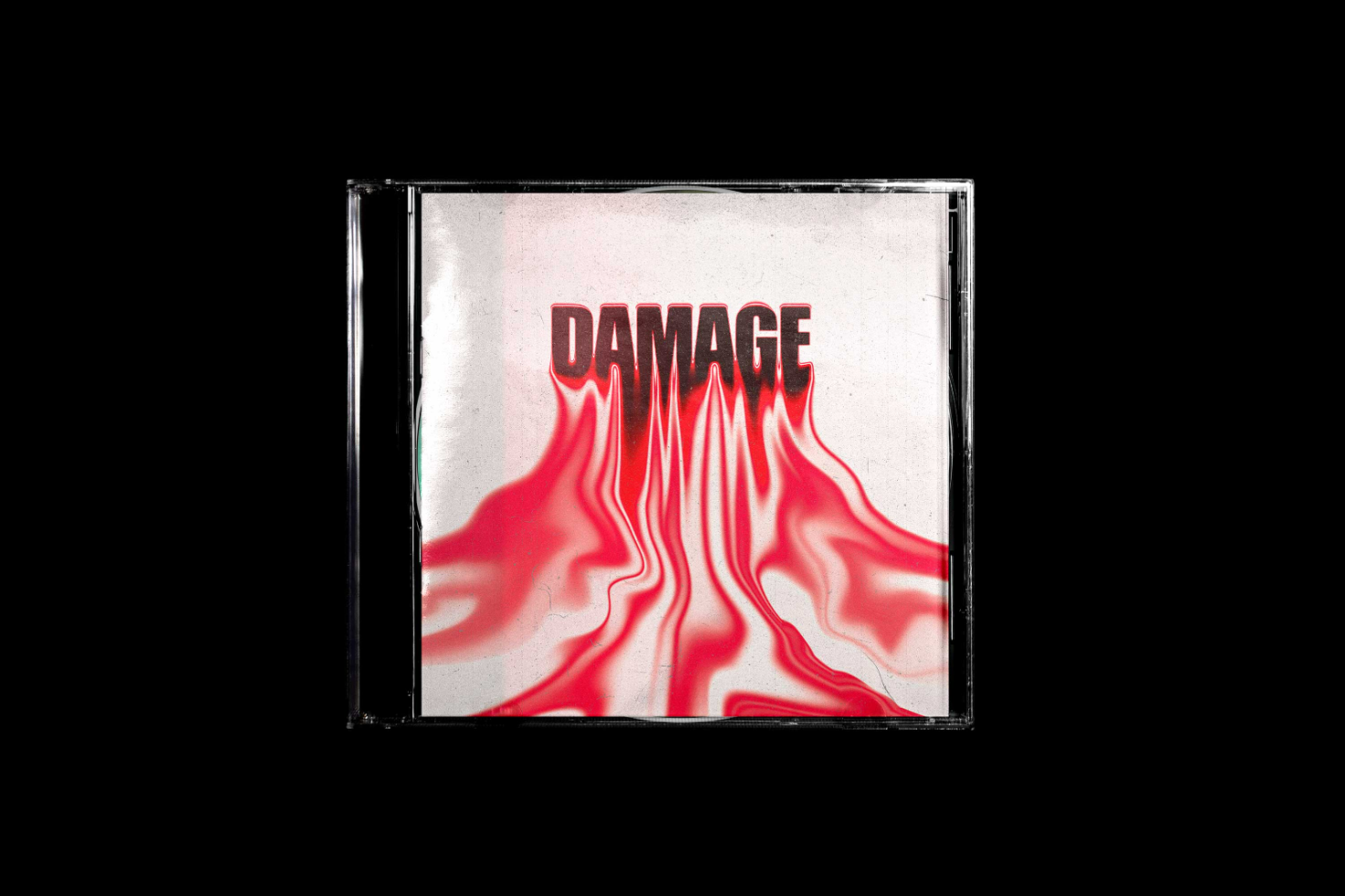 CD cover mockup with bold typography reading DAMAGE and red dripping effect. Ideal for designers needing modern, eye-catching album cover templates.