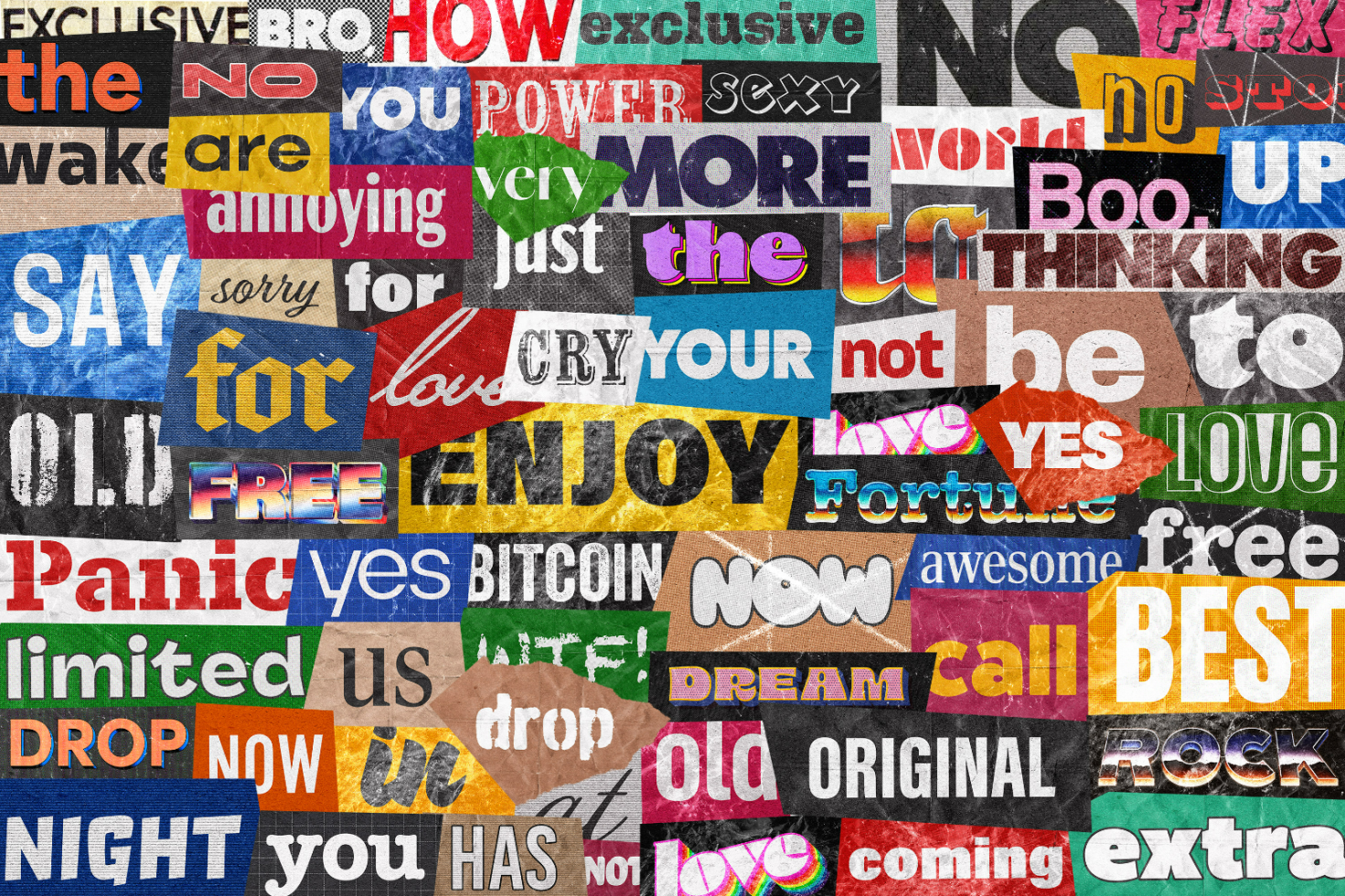 Colorful collage of cut-out words in various fonts and styles; ideal for designers seeking inspiration or unique typographic elements for graphic design projects.