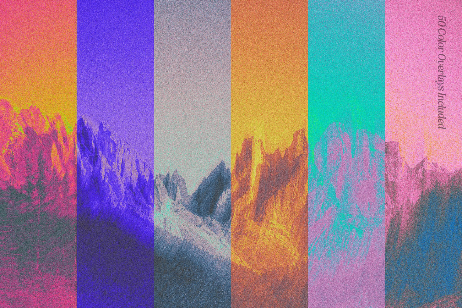 Colorful mountain graphic with 50 color overlays included ideal for mockups, digital art, and design templates perfect for graphic designers and creatives.