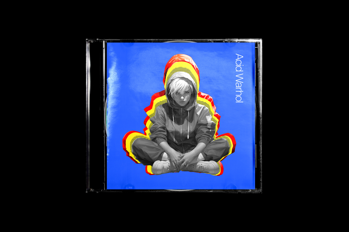 CD cover design mockup featuring a seated person in a hoodie on a blue background with colorful outlines suitable for digital assets for designers