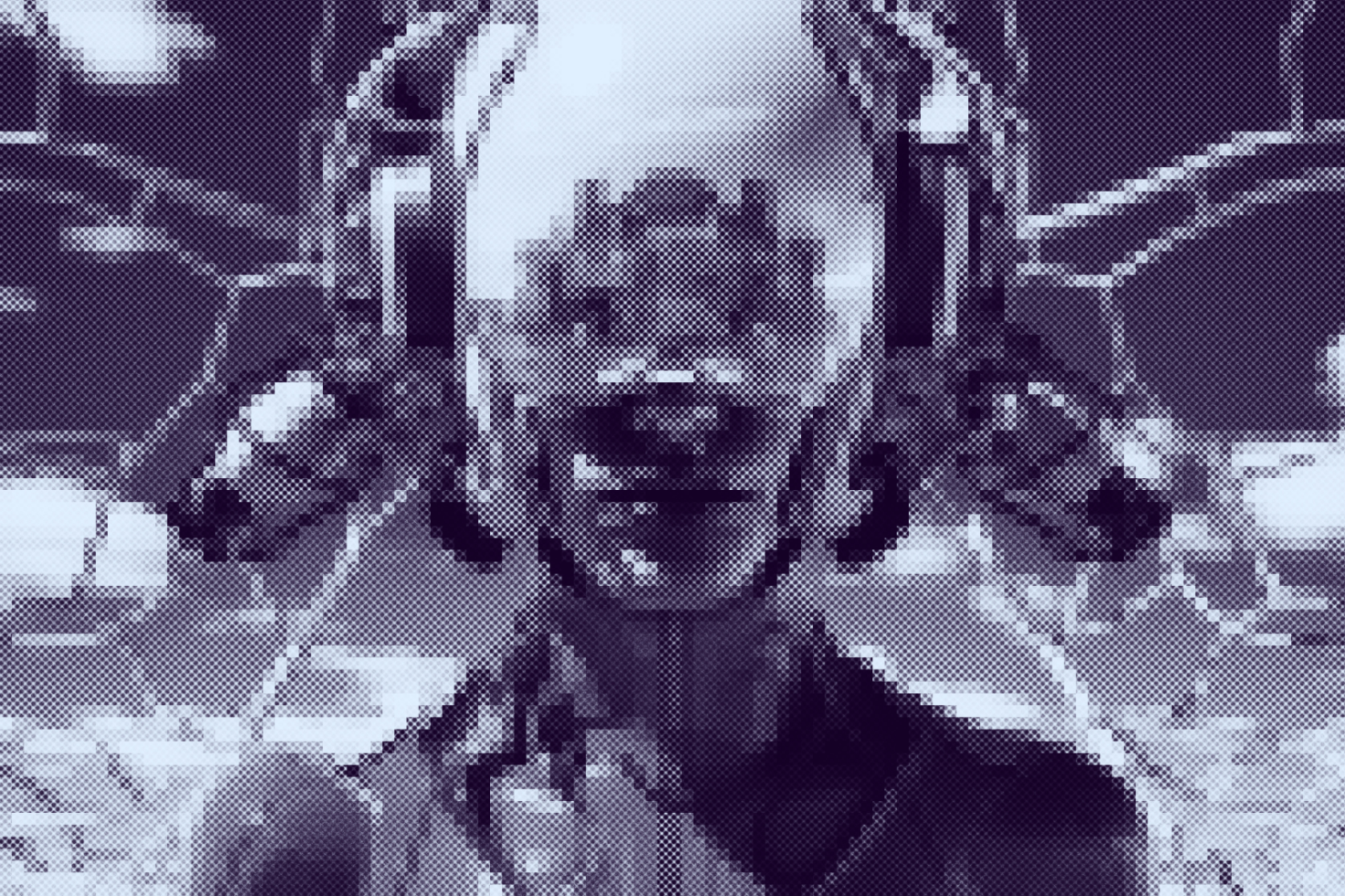 Pixelated cyborg design in grayscale with intricate mechanical details. Ideal for futuristic graphics and templates. Perfect for designers seeking unique assets.