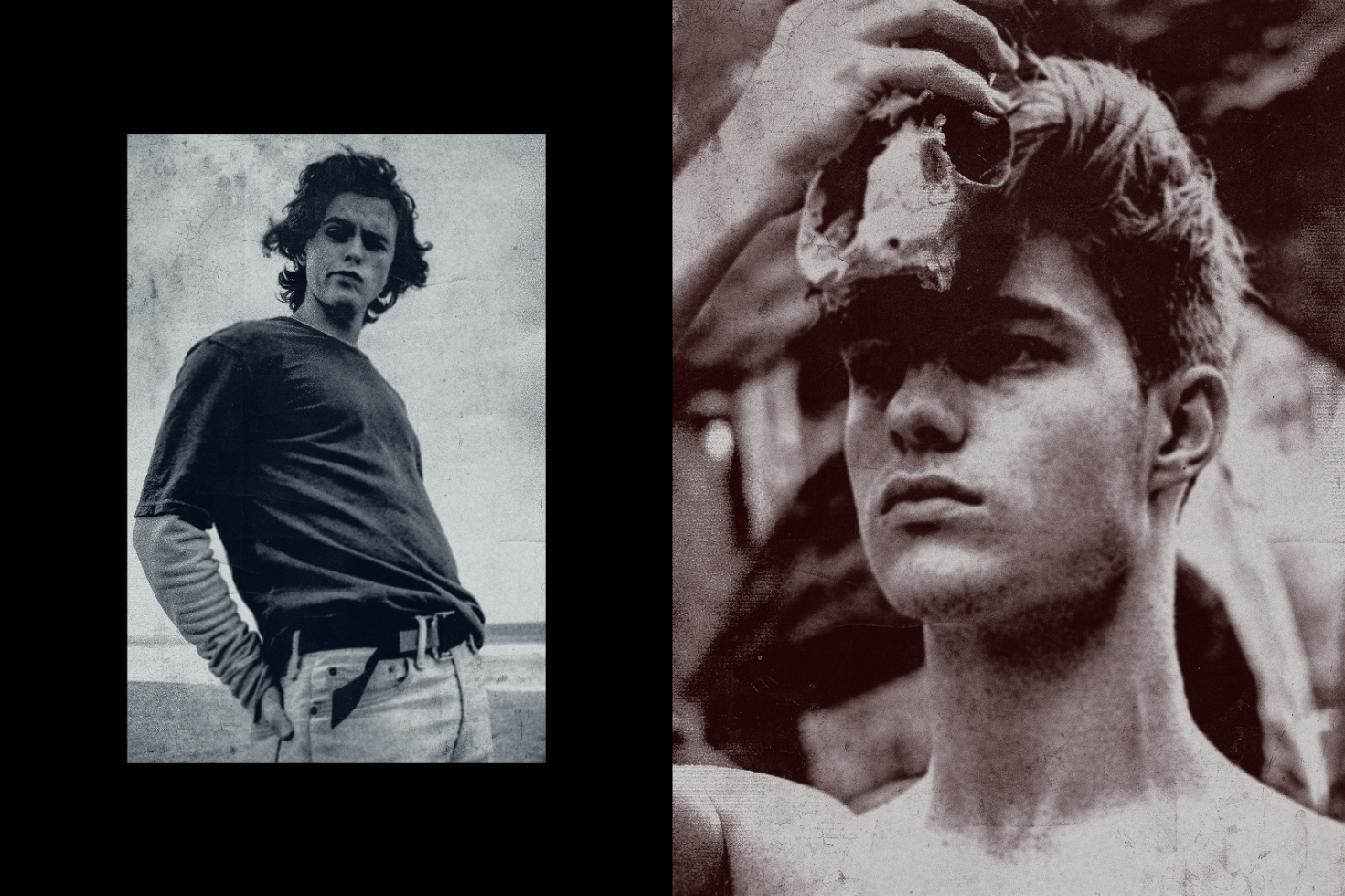 Vintage photo mockup featuring two moody portraits of young men in black and white grunge style suitable for graphic designers and creative projects.