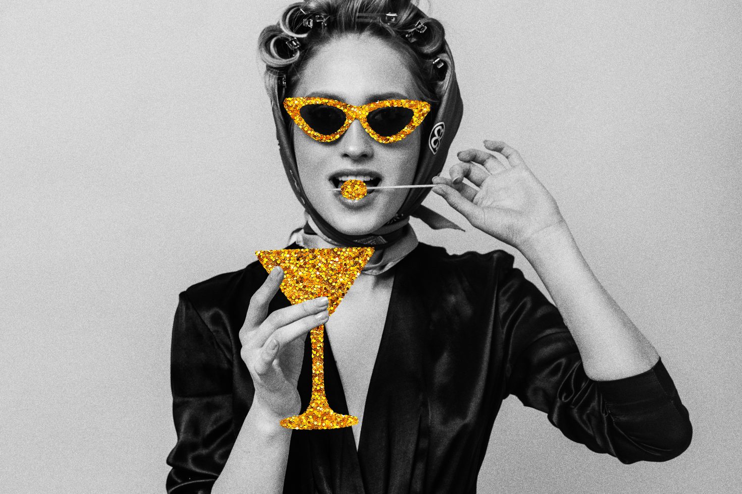 Vintage woman licking lollipop holding cocktail glass wearing curlers black dress and headscarf. Graphic elements in gold glitter. Perfect for templates.