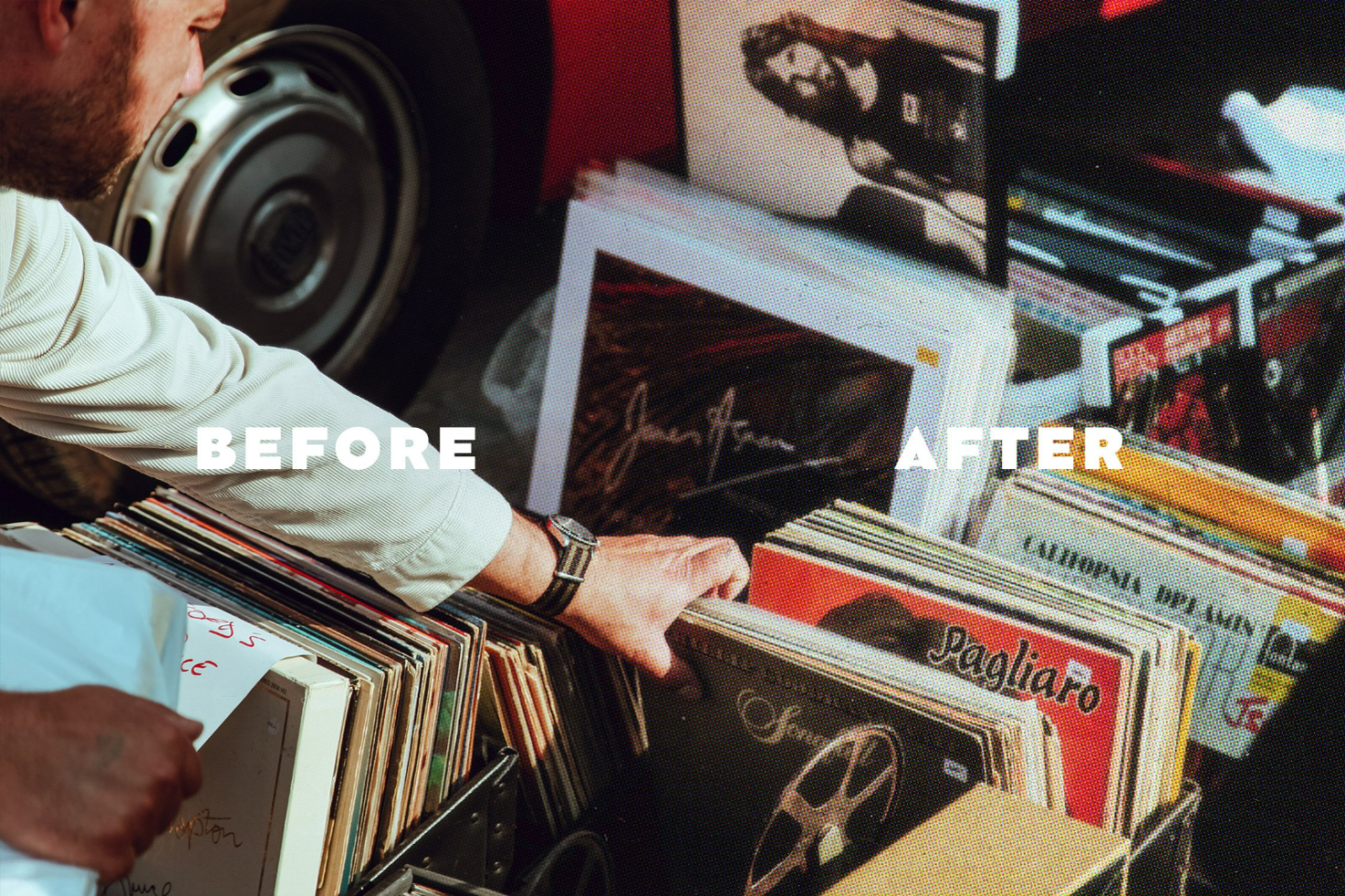 Customizable before and after mockup template featuring vinyl album covers, ideal for designers creating vintage-inspired designs or marketing materials