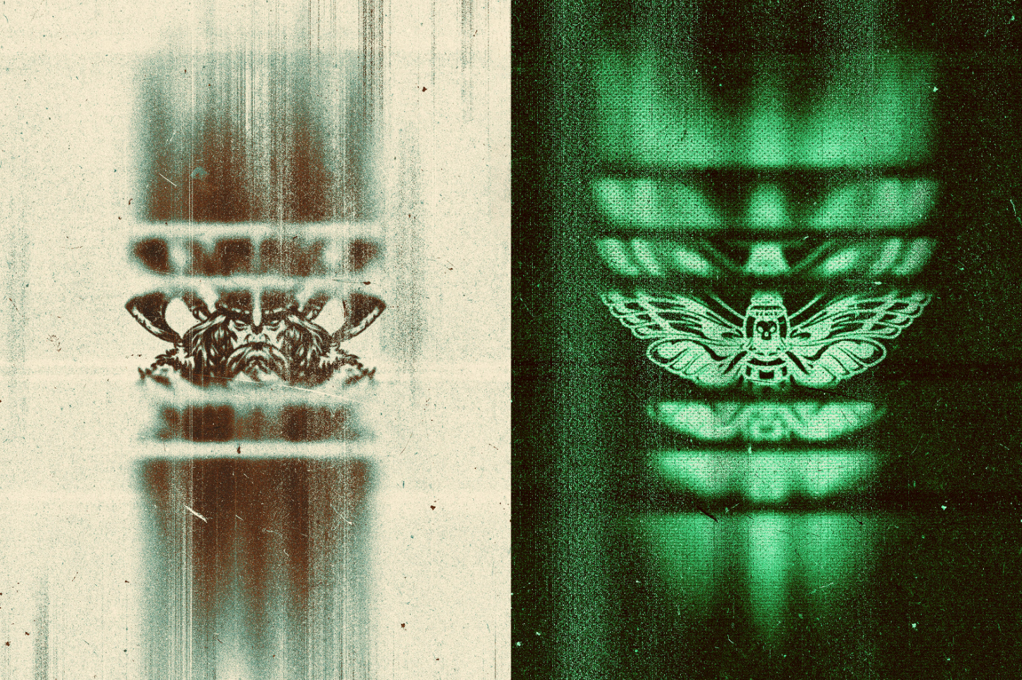 Vintage glitch graphic with mirrored moth designs. Distorted effect in green and brown tones. Ideal for backgrounds or texture overlays. Digital asset for designers.