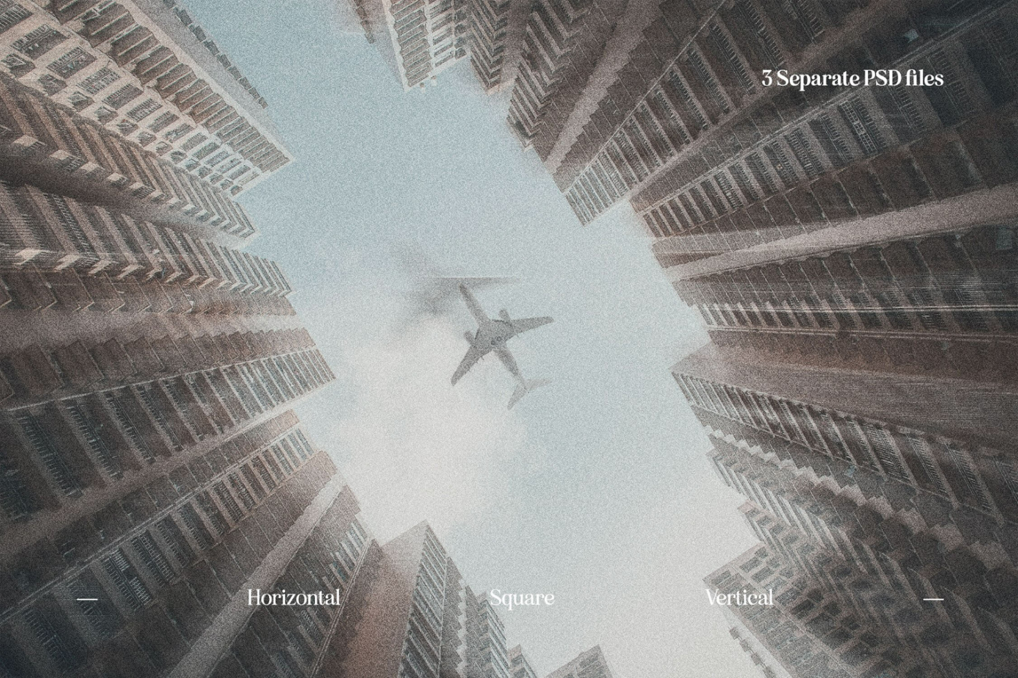 Aerial PSD mockup featuring a plane amid skyscrapers. Ideal for design projects needing urban, architecture, or travel-themed elements. Text overlay options.