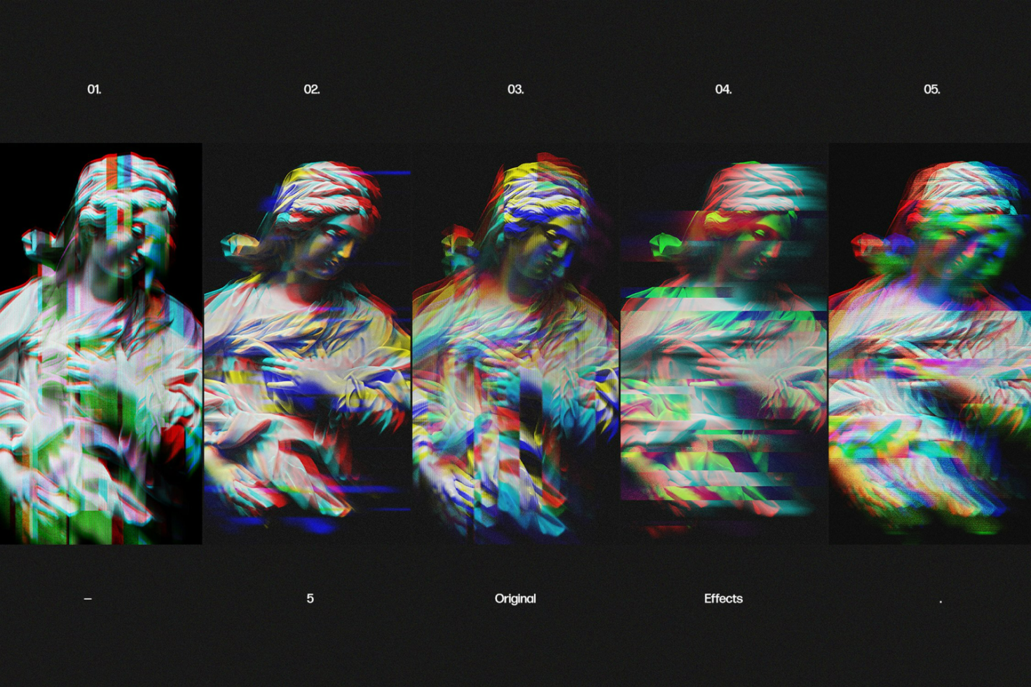 Abstract digital glitch effects on statue, 5 stages glitch overlay, VHS, distorted graphics, mockup for designers, creative assets, vibrant colors, graphic design.