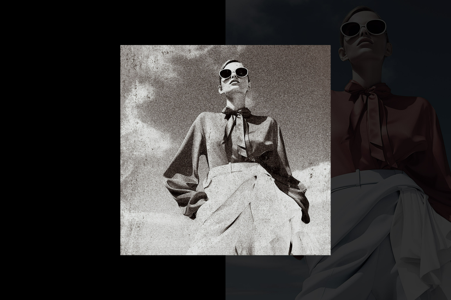 Vintage style fashion mockup featuring a person in sunglasses and elegant blouse against a textured background ideal for designers and graphic projects