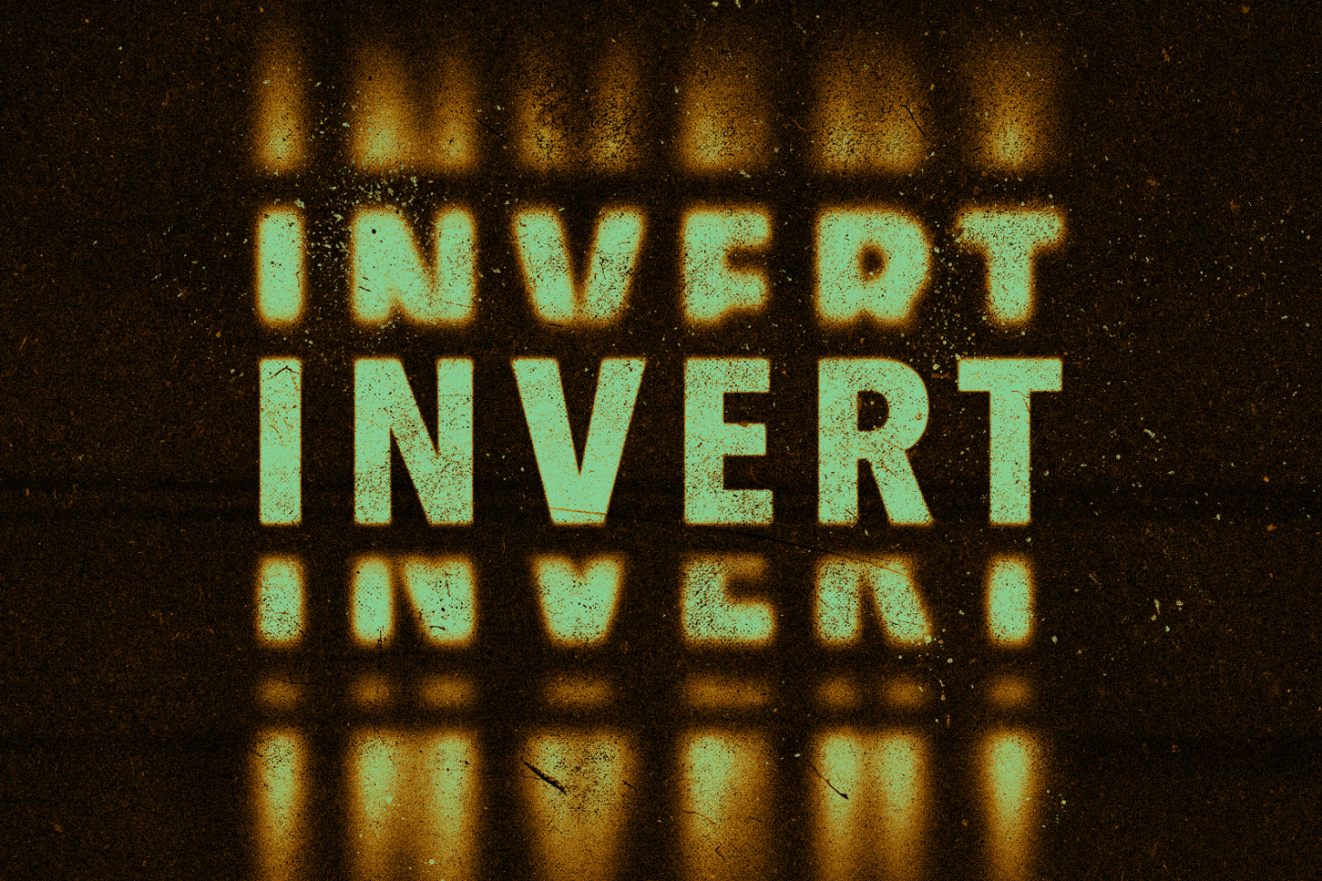 Grunge-style text graphic design with the word INVERT mirrored and glowing. Useful for typography templates, vintage graphic projects, and text mockups.