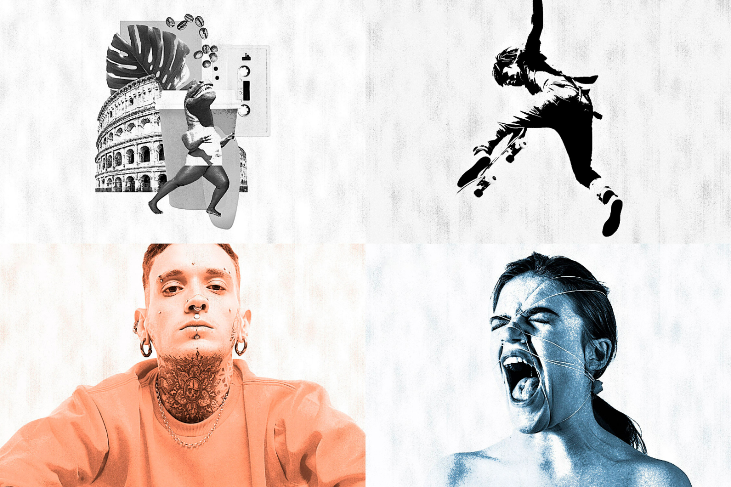 A collage featuring a woman running amidst Roman architecture, a skateboarder, a tattooed man, and a woman screaming. Mix of vintage and modern graphics for designers.