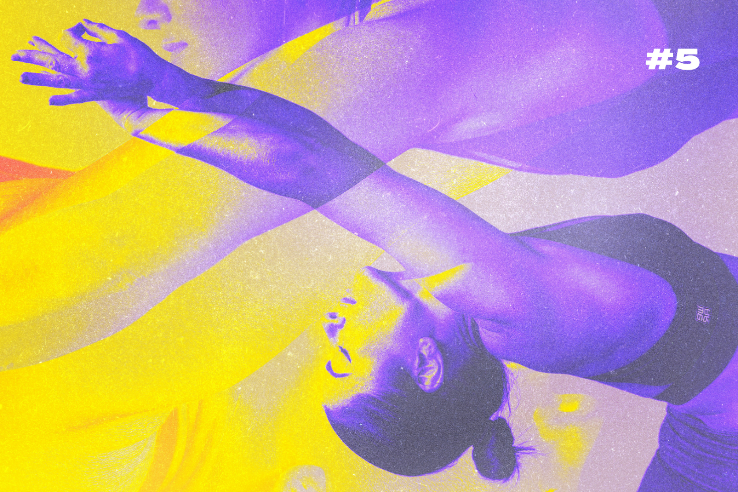 Colorful abstract graphic design with overlapping purple and yellow gradients portraying a female figure in dynamic pose Digital Assets for Designers Mockups Templates Graphics