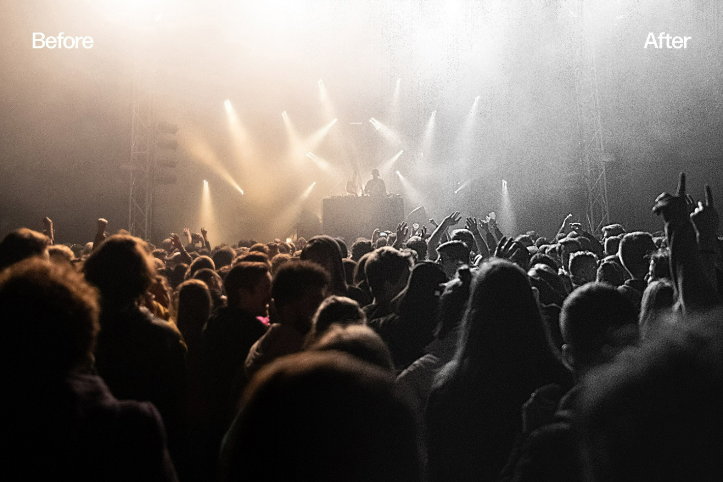 Crowd of people at a concert with 'Before' and 'After' text showing visual effects. Suitable for mockups or templates. Keywords: concert, crowd, effects, digital.