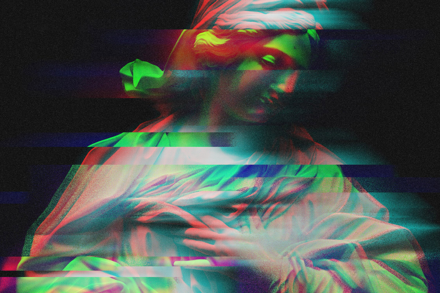 Glitch effect graphic of classical sculpture with neon colors for designers. Ideal for mockups, template designs, and modern art projects.