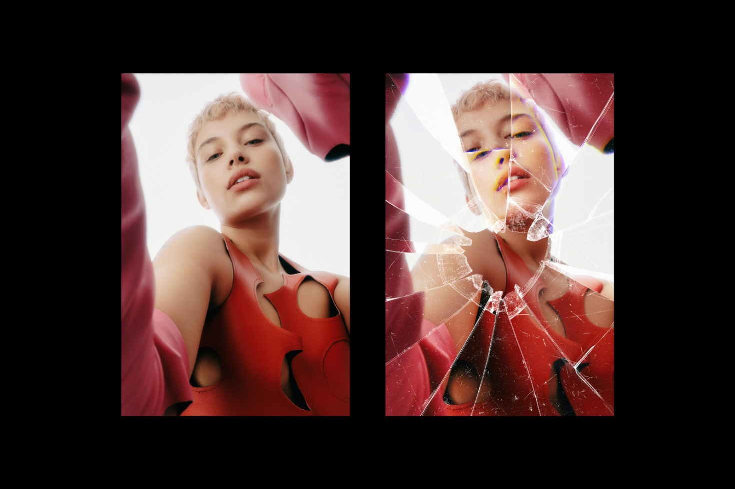 Two artistic photos of a model in a red outfit, one normal and one through cracked glass. Fashion photography, creative mockup, photo editing resource.