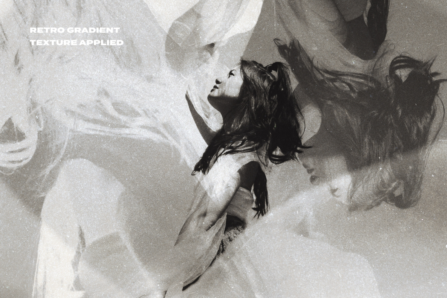 Retro gradient texture applied to a grayscale photo of a woman in motion suitable for design mockups graphics templates ideal for designers seeking vintage effects.