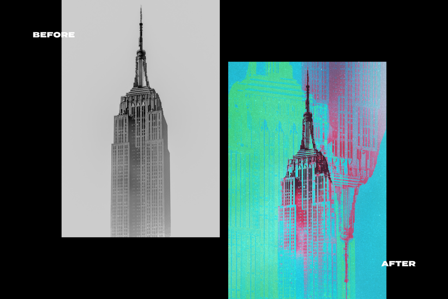 Before and after image of a skyscraper using a vibrant, glitch art style effect suitable for graphic designers. Keywords: graphics, digital art, template.