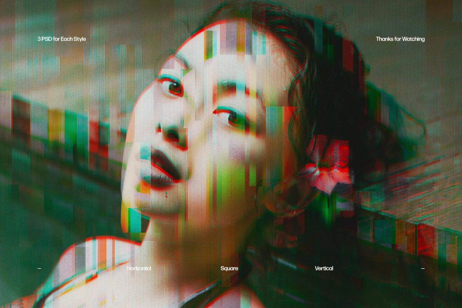 Glitch effect photo of a person with vibrant red and green distortions. Suitable for digital abstract graphics and photo overlays. Ideal for designers. Mockups included