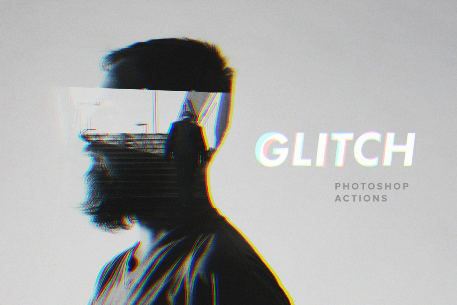 Glitch effect Photoshop actions for designers. Create unique contemporary digital effects with this graphic resource perfect for templates and mockups.