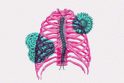 Surreal anatomical illustration of ribcage and spine in pink and turquoise colors with flowers. Suitable for digital artists, graphic designers, and template creators.