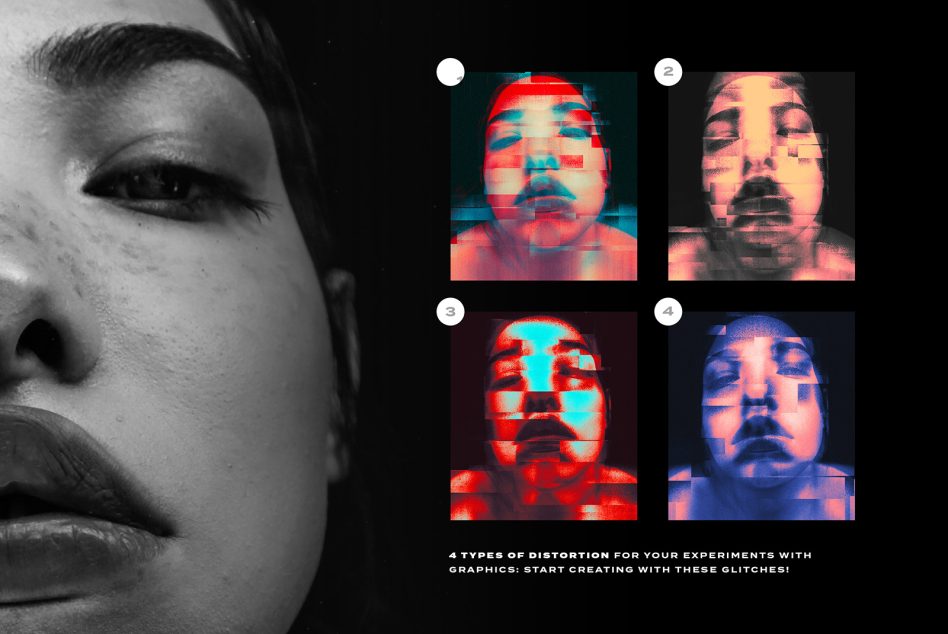 Digital asset for designers showing 4 types of facial distortion glitches. Perfect for graphics, mockups, and creative experiments. High-quality digital templates.