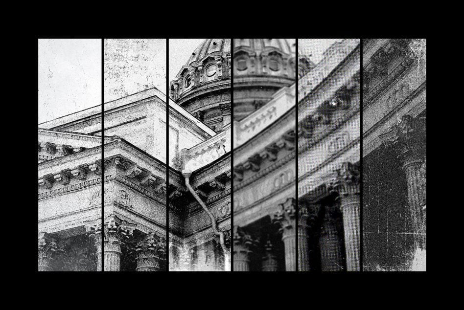 Six black-and-white split panels showing ornate classical architecture details with weathered stone textures