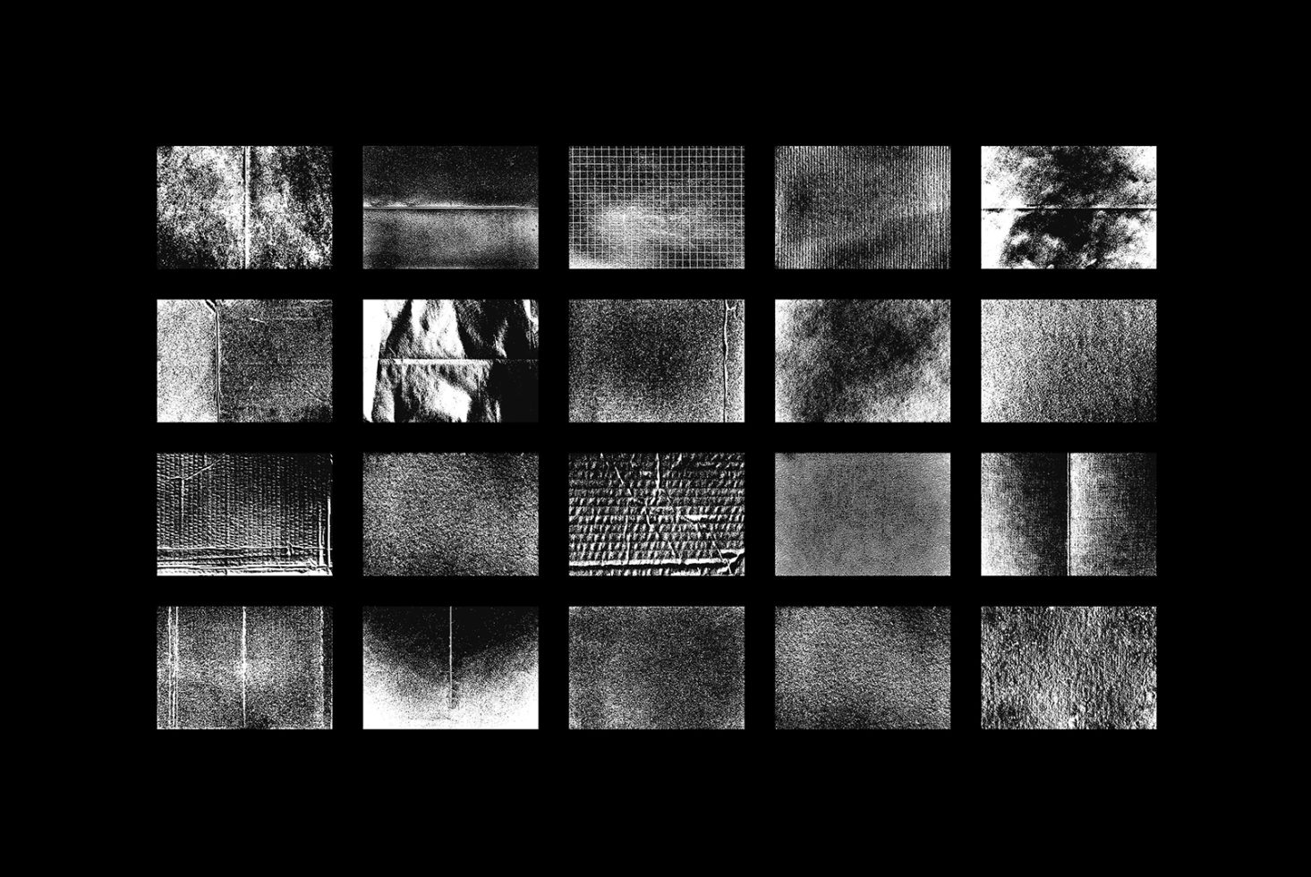 Set of 20 high-resolution black and white grunge textures ideal for designers. Available for download in Graphics category. Perfect for backgrounds and overlays.