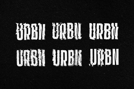 Distorted grunge font set URBN on black textured background for designers. Unique typography perfect for edgy graphics, logos, and creative projects.