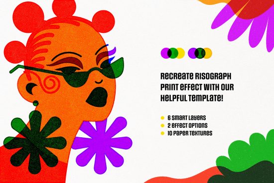 Colorful risograph effect template with abstract illustration; includes 6 smart layers, 2 effect options, and 10 paper textures. Perfect for graphic designers.