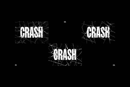 Shattered glass effect font mockup with the word Crash in bold white letters on a black background multiple variations ideal for graphic designers