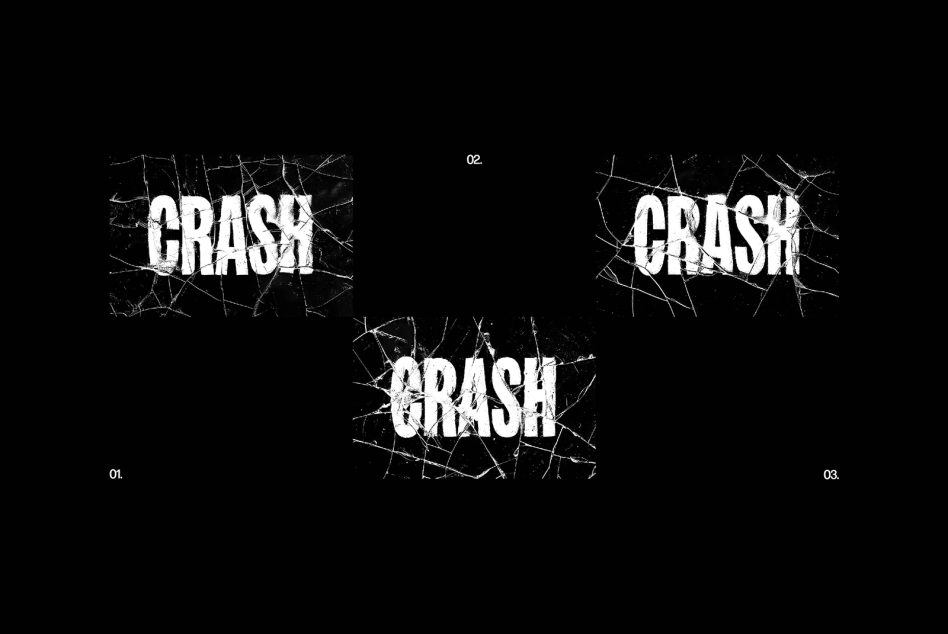 Shattered glass effect font mockup with the word Crash in bold white letters on a black background multiple variations ideal for graphic designers