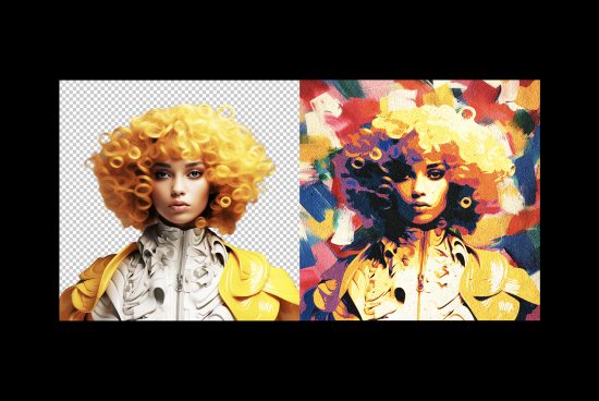 Mockup of a futuristic person with curly yellow hair in two styles: realistic on the left with a transparent background and abstract colorful painting on the right.