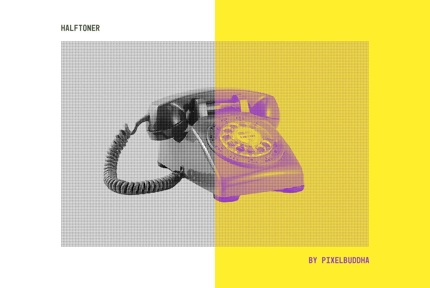 Half-tone mockup featuring a vintage rotary phone, with black and white on the left and yellow on the right. Ideal for graphic design projects.