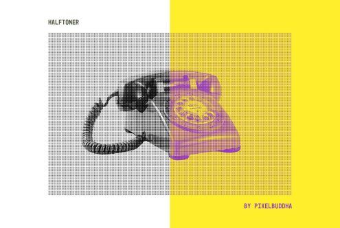 Half-tone mockup featuring a vintage rotary phone, with black and white on the left and yellow on the right. Ideal for graphic design projects.