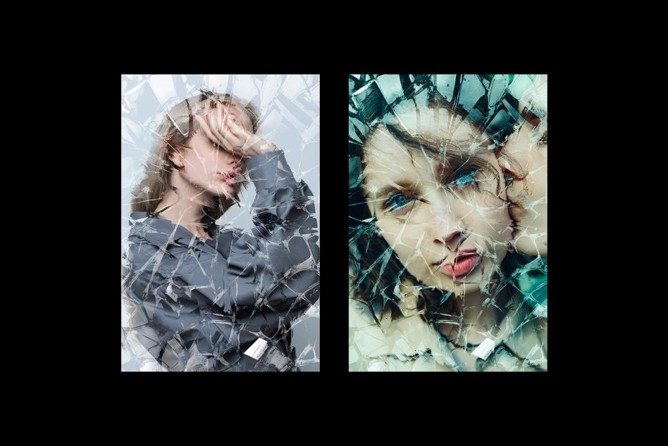 Photo mockup of artistic portraits with shattered glass effect, perfect for creative templates, backgrounds, and graphic design projects for designers.