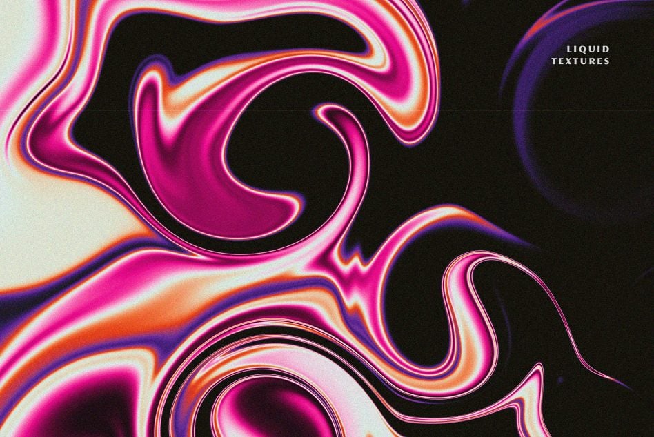 Neon liquid swirls with hot pink, purple, orange glows flowing across black background