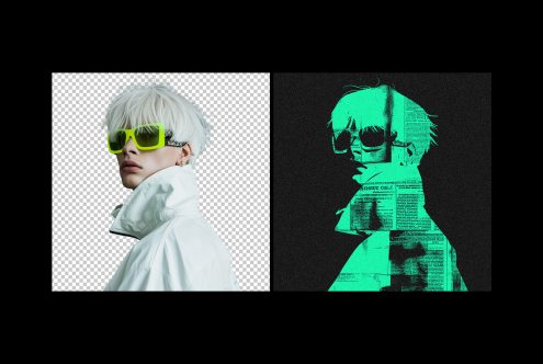 Digital asset featuring dual portrait design. Left side is a modern mockup with transparent background; right side is a neon-tinted graphic with textured effect.