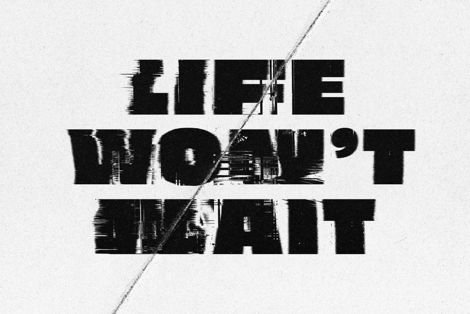 Glitchy black text reading "Life without it" layered with industrial imagery on light background